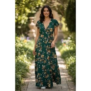 Fortune + Ivy Green Floral Faux Wrap, V-Neck, Midi Full Length Dress, Small NWOT